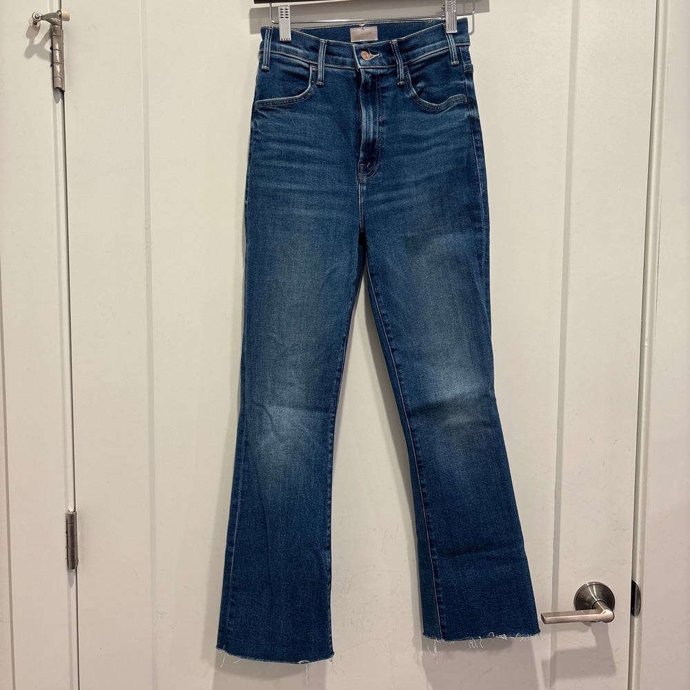 MOTHER The Hustler Ankle Fray Jeans Medium Blue High Rise Flare Size 25